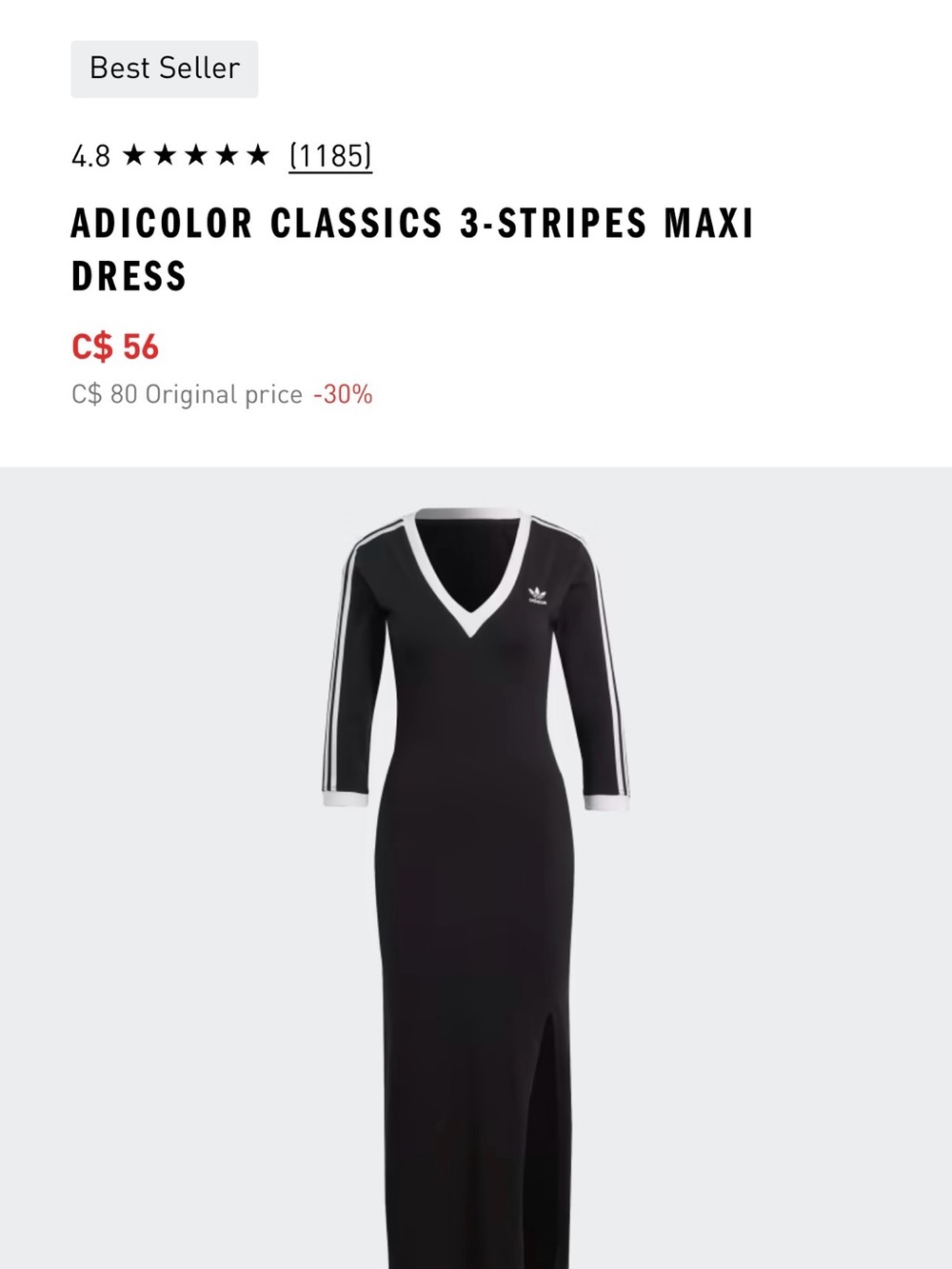 adidas  Classics 3-Stripes Black Maxi Dress